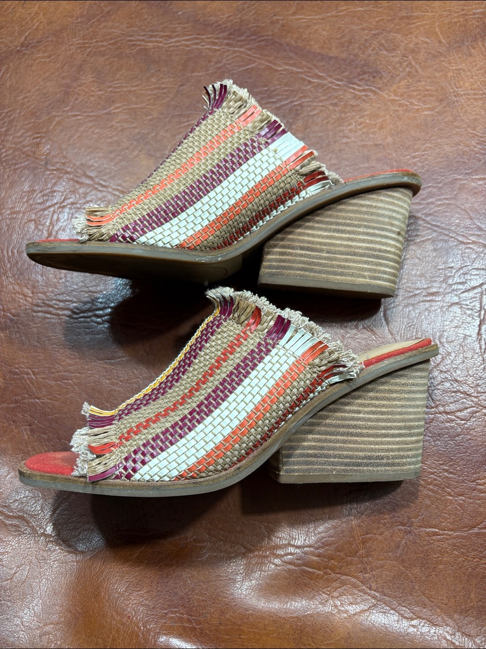 Lucky Brand Multicolor Woven Fringe Slide Sandals - Red, Yellow, Cream, Brown 9